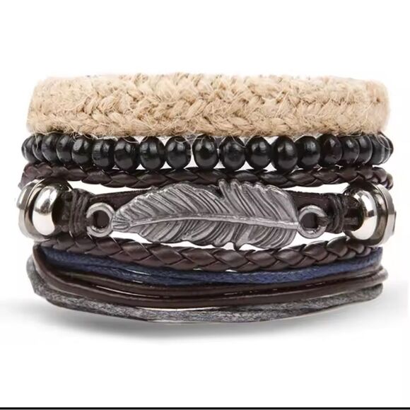 Men's leather bracelet set feather beaded braided new e97 - Picture 1 of 1